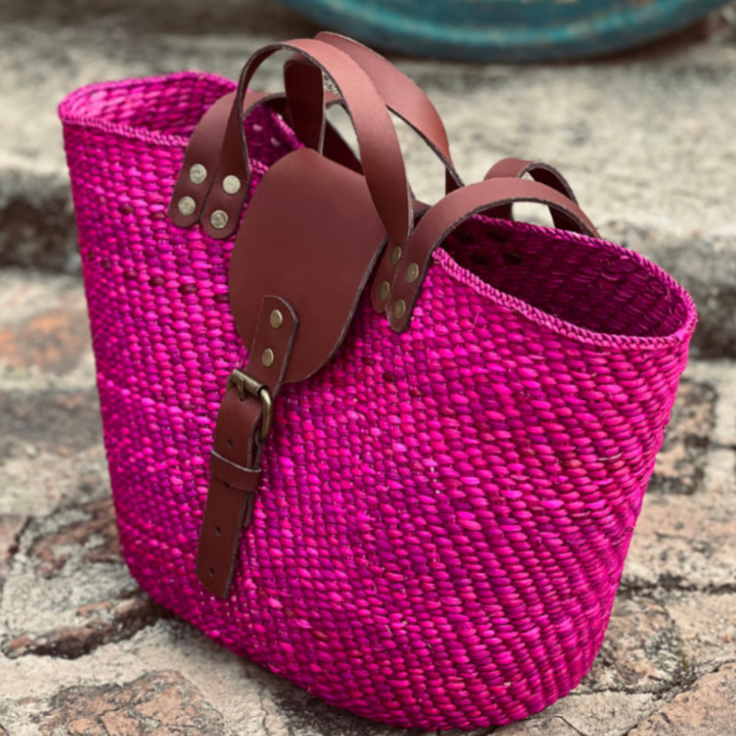 Iringa Handwoven Handbag Basket with leather flap (Double Straps)