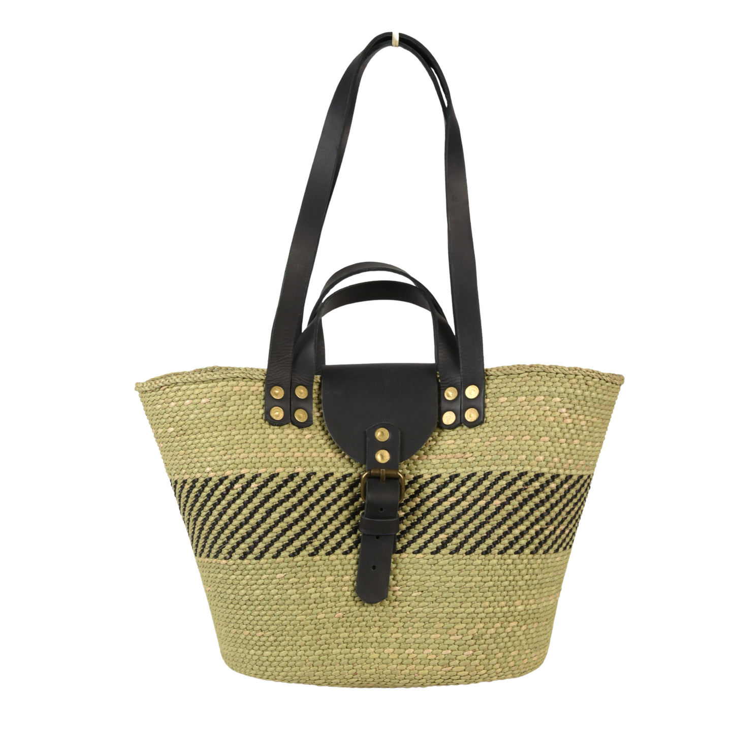 Iringa Handwoven Handbag Basket with leather flap (Double Straps)