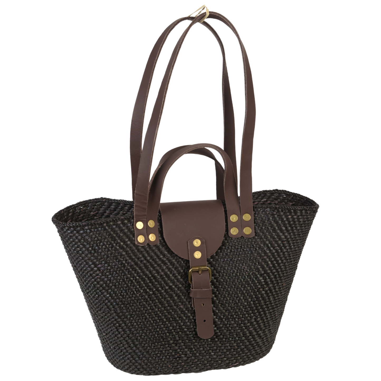 Iringa Handwoven Handbag Basket with leather flap (Double Straps)