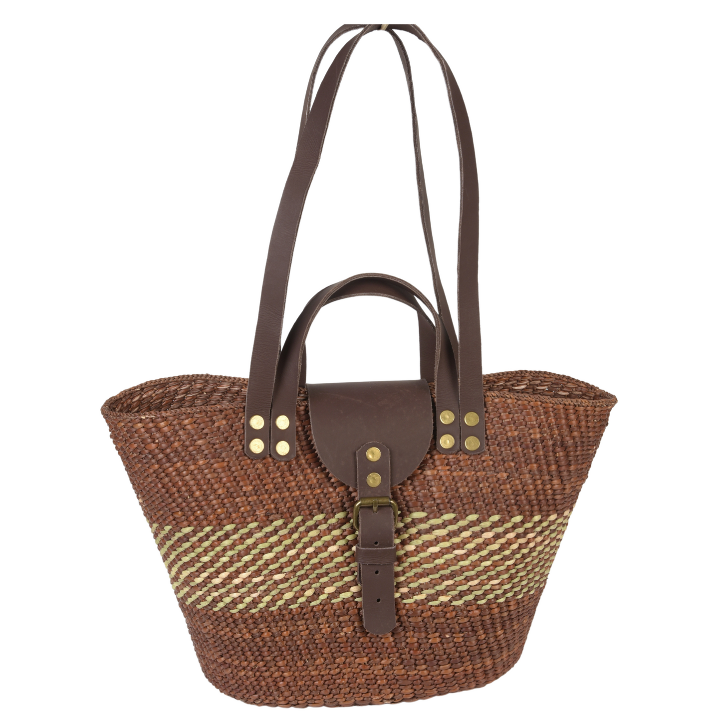 Iringa Handwoven Handbag Basket with leather flap (Double Straps)