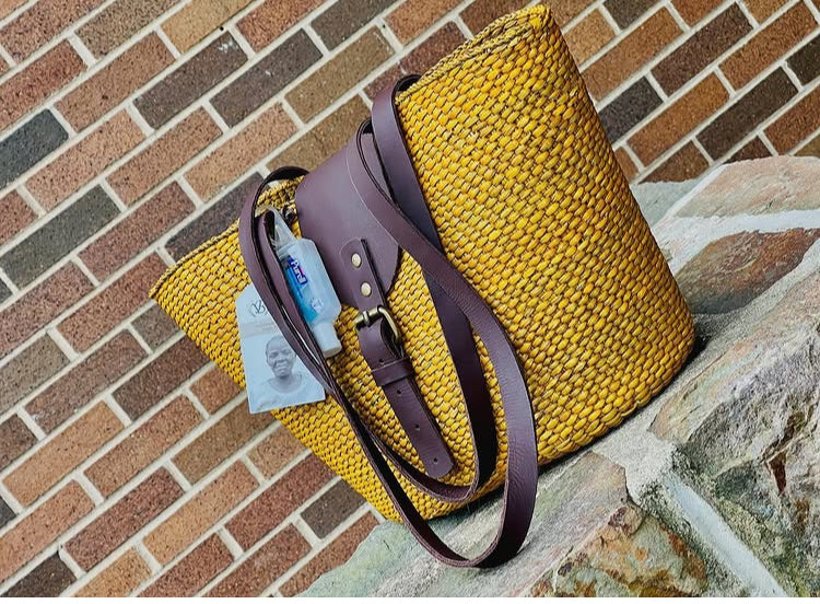 Iringa Handwoven Handbag Basket with leather flap (Double Straps)