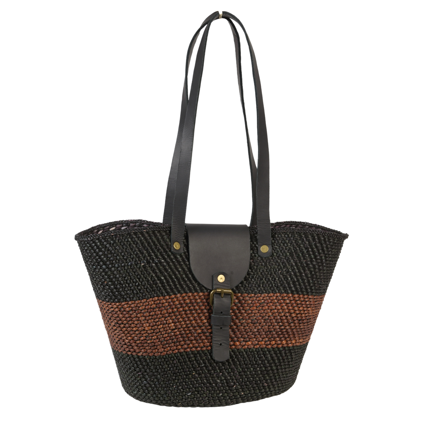 Iringa Handwoven Handbag Basket with leather flap (Double Straps)