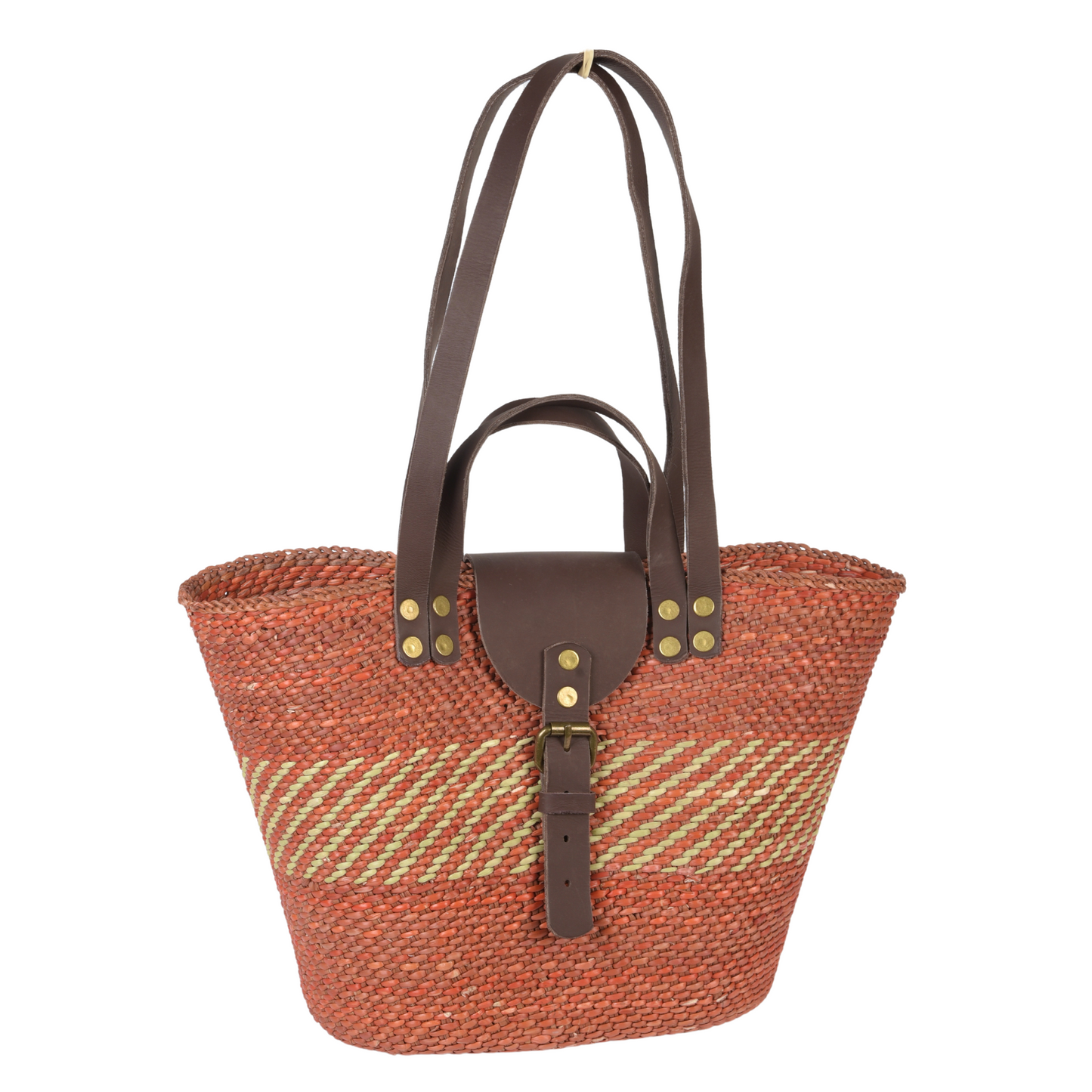 Iringa Handwoven Handbag Basket with leather flap (Double Straps)