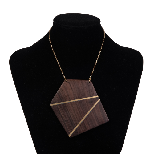 Pentagon Mvule Wood and Brass Necklace